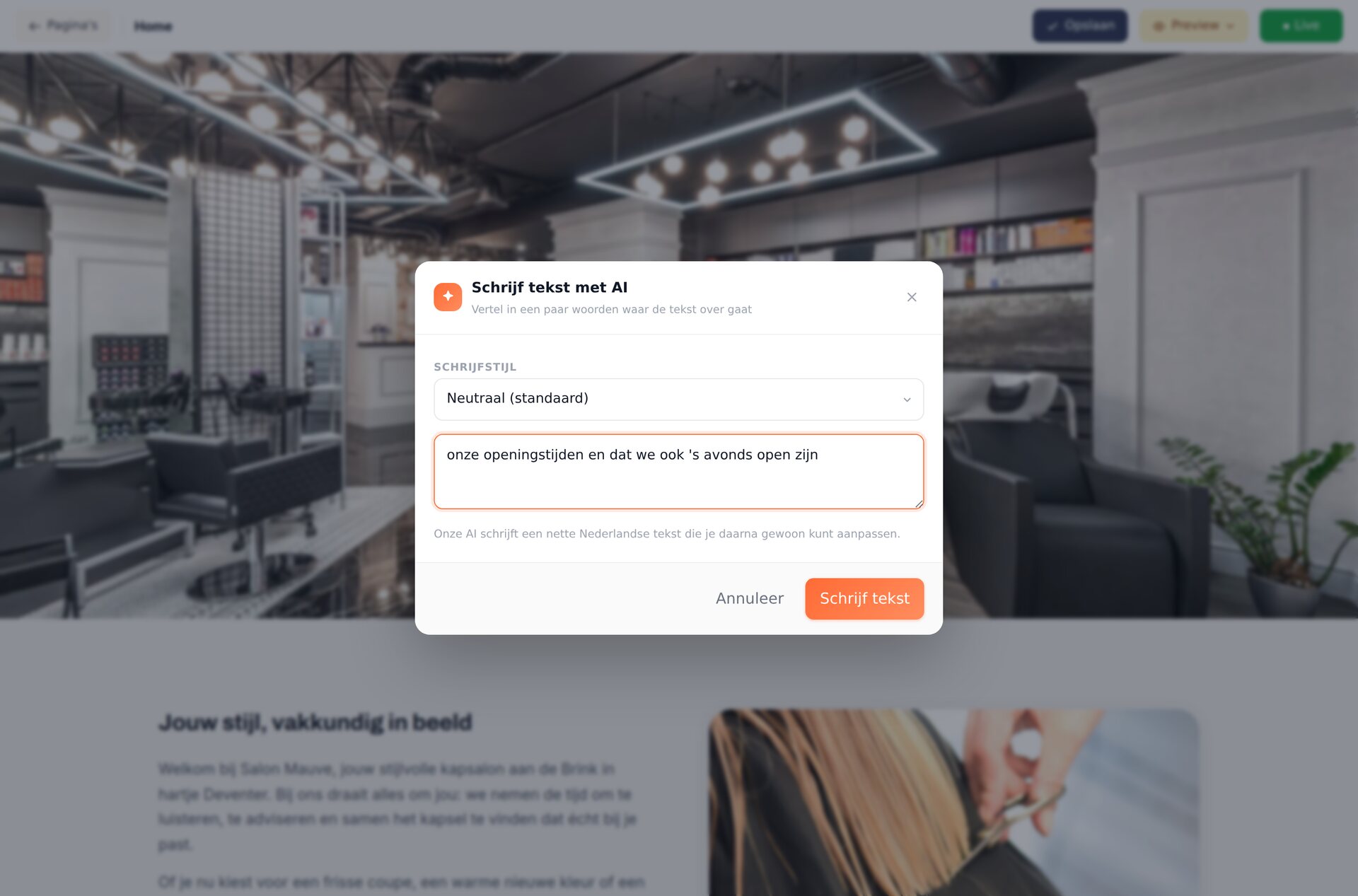 De AI-tekstassistent met een schrijfstijl-keuze in de pagina-editor van GO!