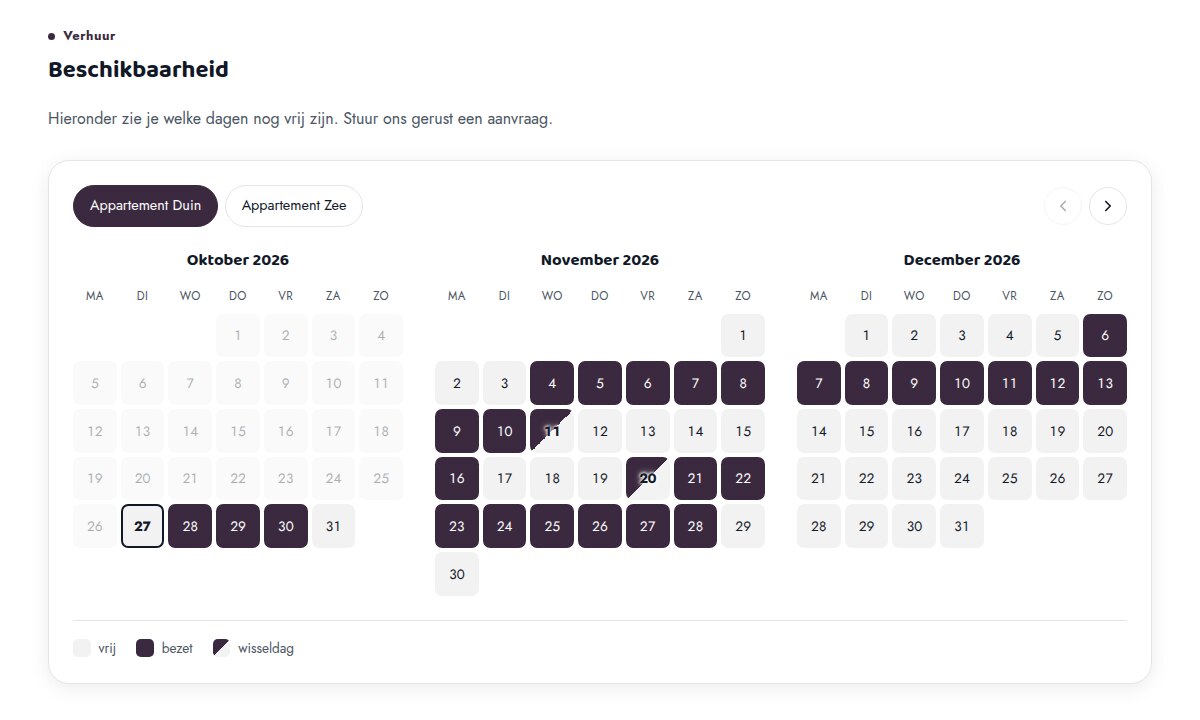De kalender op de website met een tabje per appartement en bezette dagen in de kleur van de site
