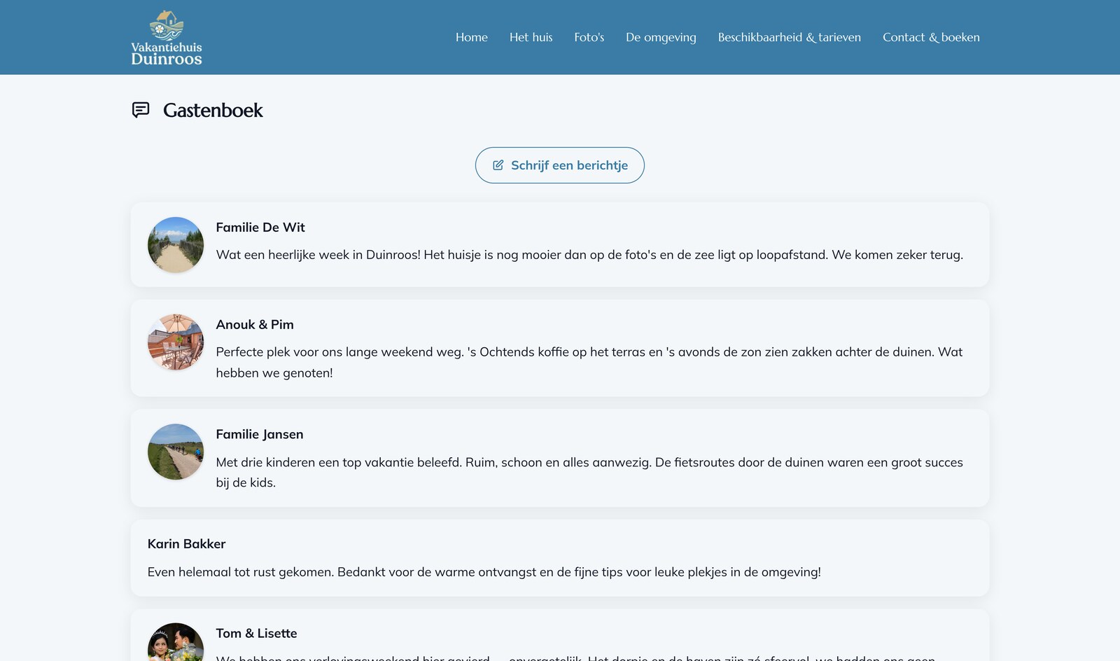 Het gastenboek op de website: meteen de berichten met bovenaan een knop om zelf een berichtje te schrijven