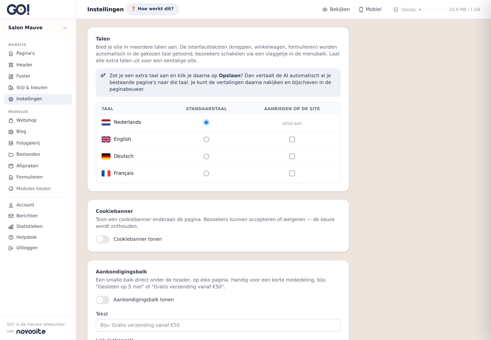 De algemene instellingen met talen, cookiebanner, aankondigingsbalk en onderhoudsmodus
