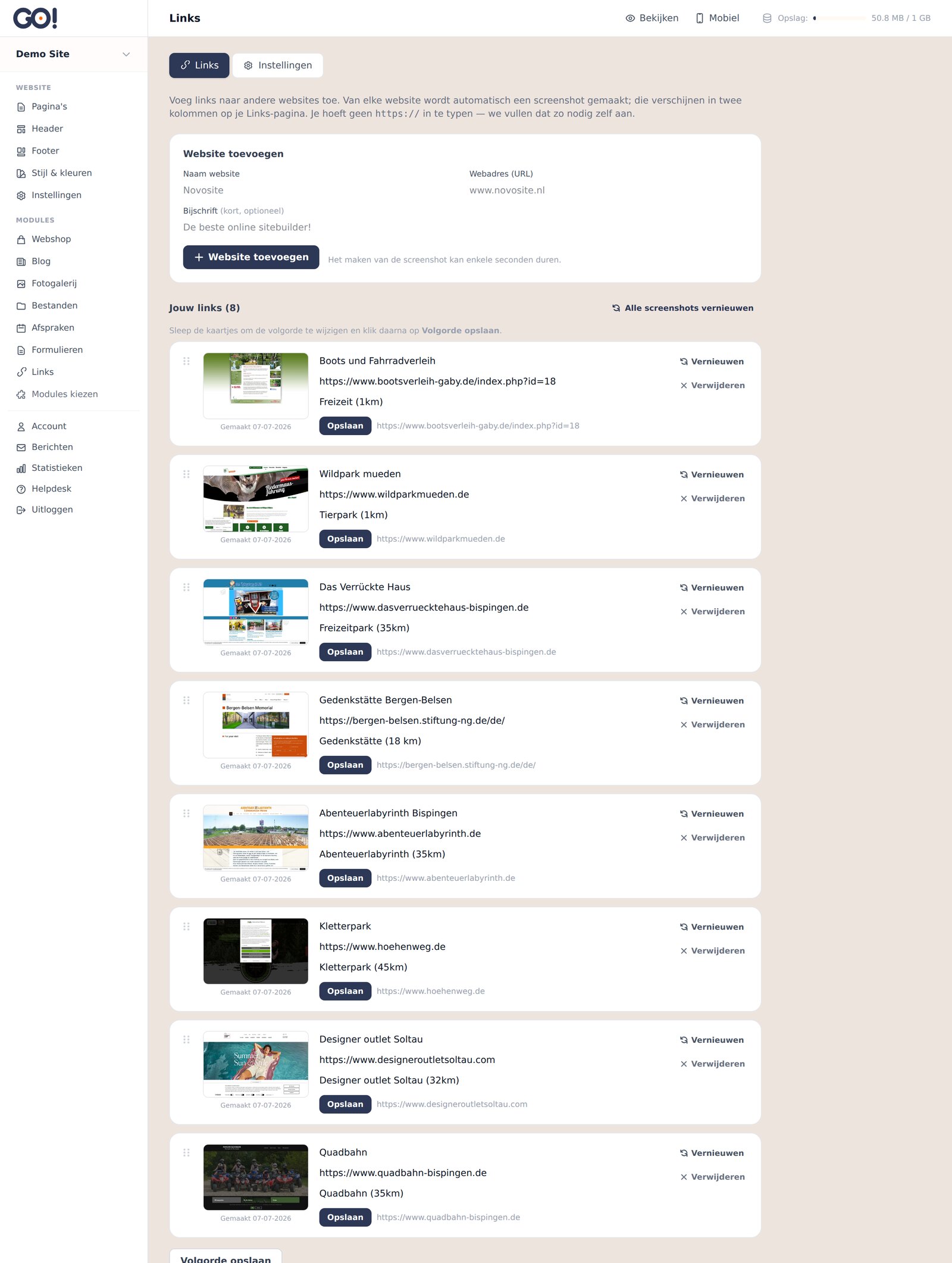 Het beheerscherm van de Links-module: het formulier om een website toe te voegen en daaronder de toegevoegde links met hun screenshot