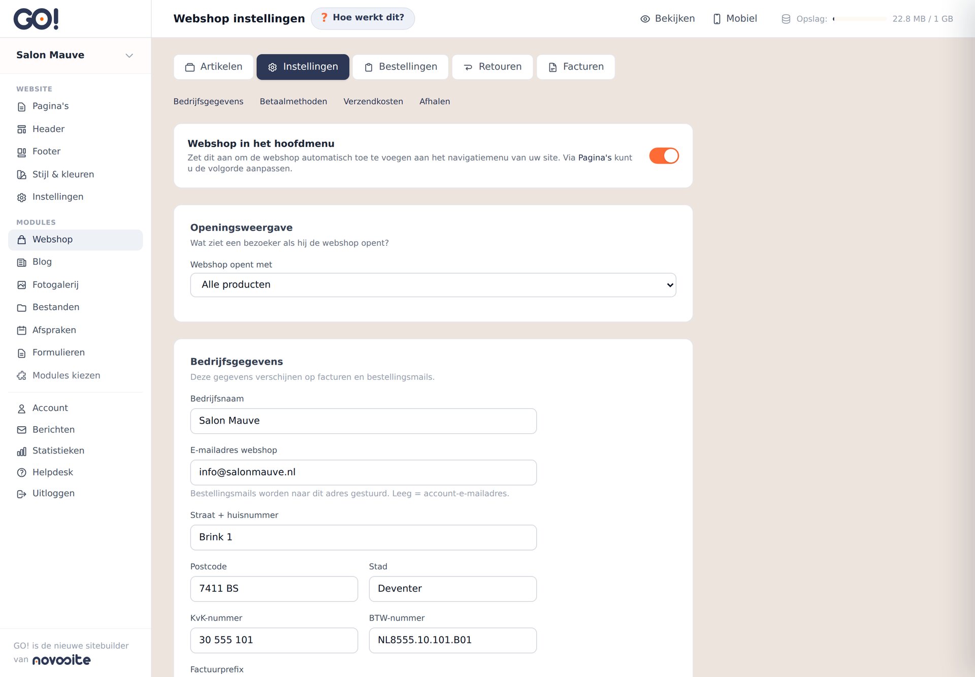 De webshop-instellingen