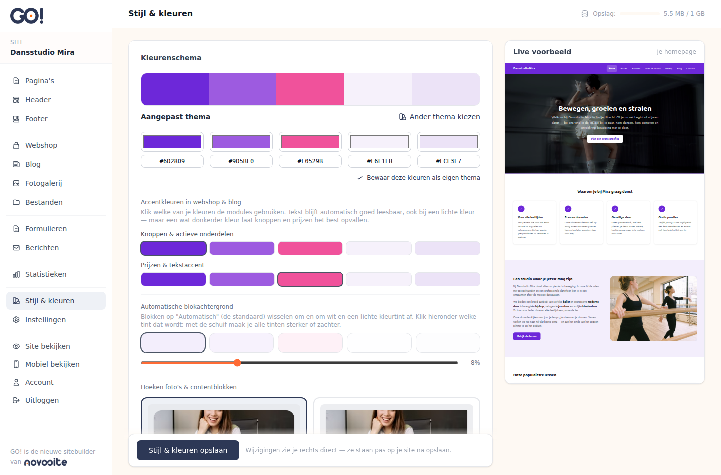 Kleuren en stijl instellen in GO!