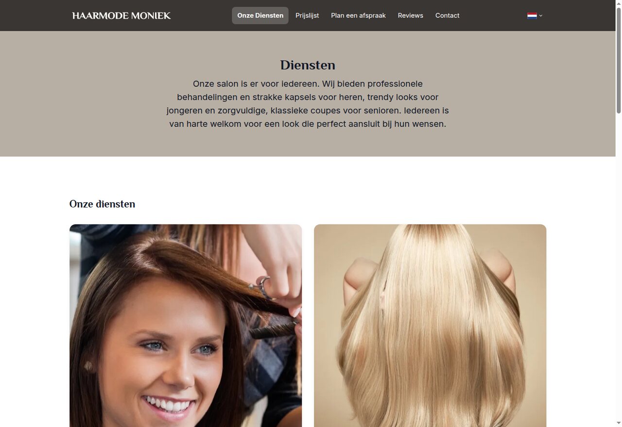 Website van Haarmode Moniek, gebouwd met de sitebuilder
