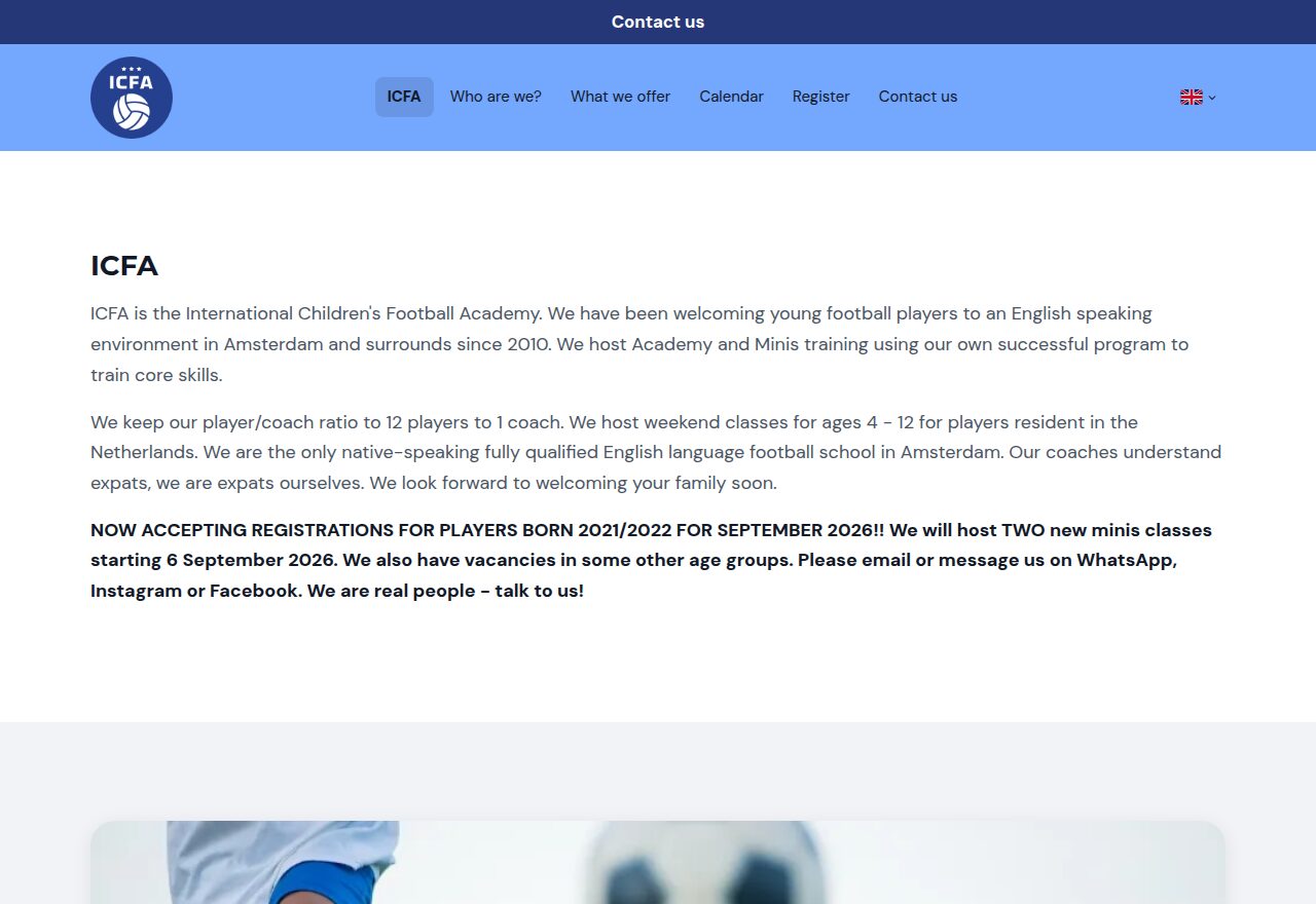 Website van ICFA, gebouwd met de sitebuilder
