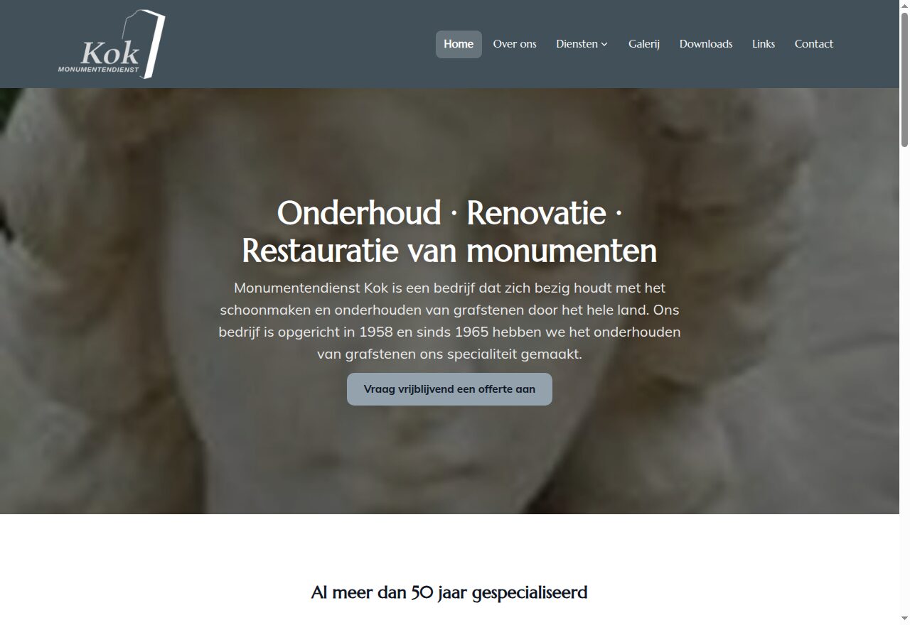 Website van Monumentendienst Kok, gebouwd met de sitebuilder