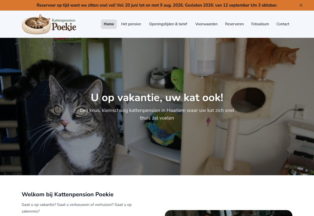 Website van Kattenpension Poekie, gebouwd met de sitebuilder