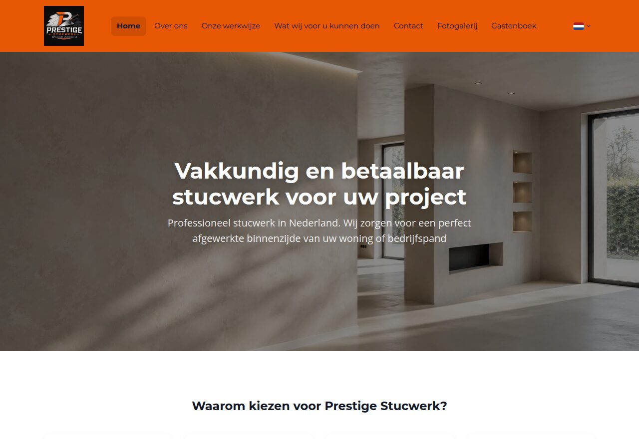 Website van Prestige Stucwerk, gebouwd met de sitebuilder
