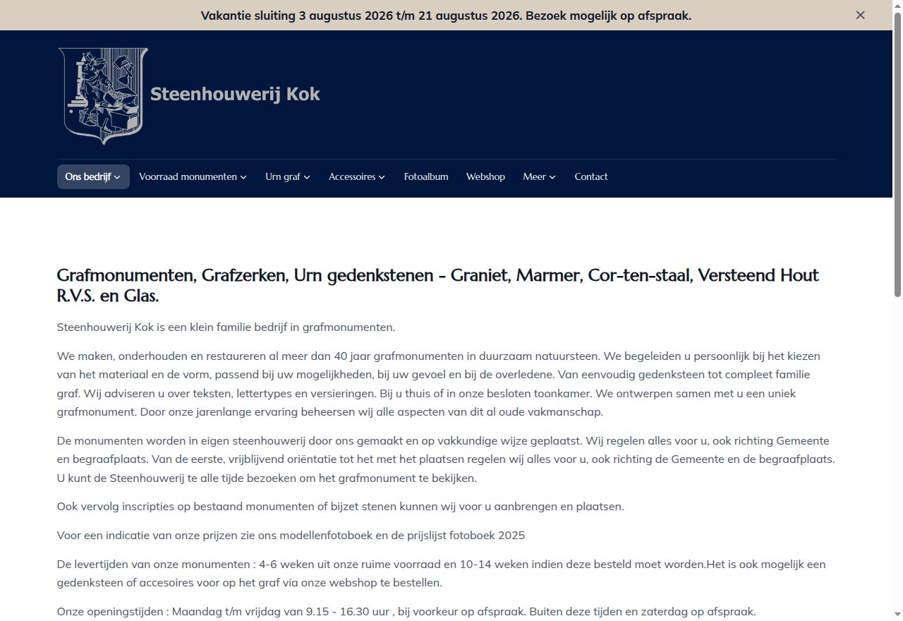 Website van Steenhouwerij Kok, gebouwd met de sitebuilder