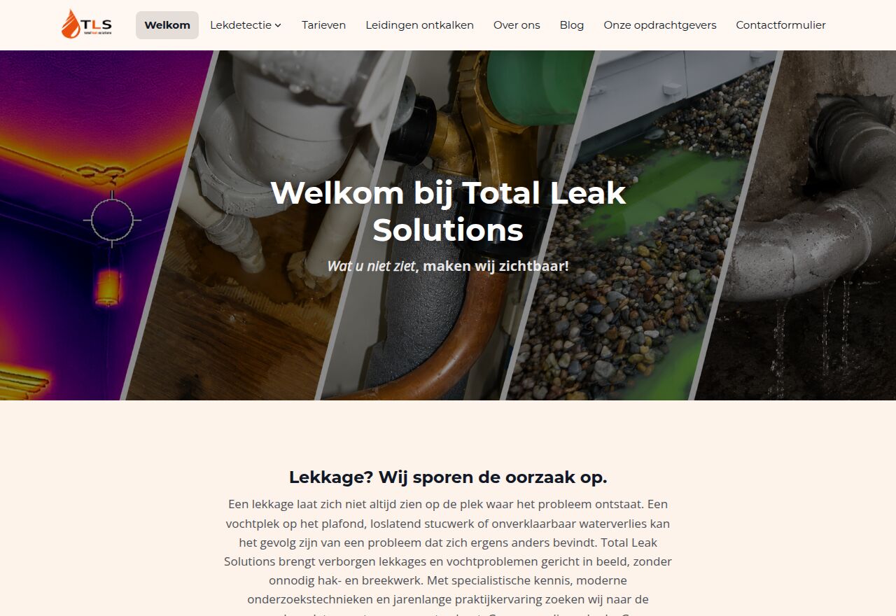 Website van Total Leak Solutions, gebouwd met de sitebuilder